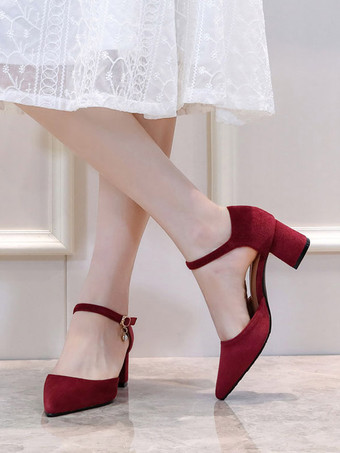 女性ミッドローヒールポインテッドトゥチャンキーヒールスリッポンファンタスティックメタルディテールスエードレザーソフトピンクパンプス