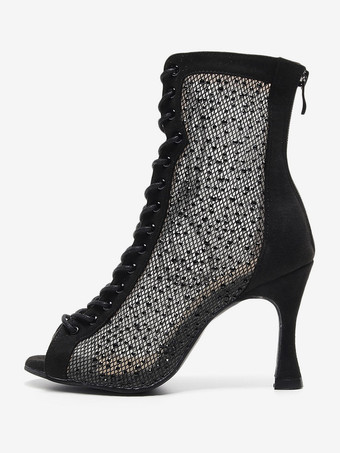 女性のブーツスティレットヒールメッシュマイクロスエードのぞき見つま先黒セクシーな夏のブーツ
