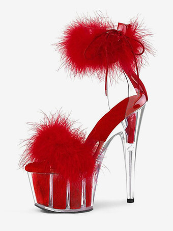 レッド ポールダンスシューズ セクシーなヒールサンダル 女性用 ブラック PUレザー ピープトゥ スティレットヒール アンクルストラップヒール