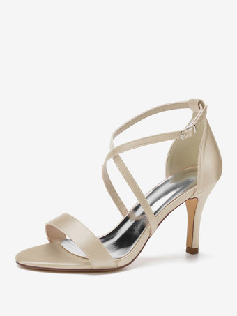 シャンパンカラー女性のかかとアイボリースチレットヒール先のとがったつま先手作りサテンサンダルロートップヒール