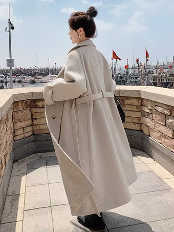 女性用ラップオーバーコート エクリュホワイトラペルベルト付きクラシック冬アウター