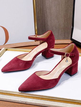 女性ミッドローヒールポインテッドトゥチャンキーヒールスリッポンファンタスティックメタルディテールスエードレザーソフトピンクパンプス