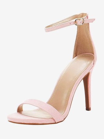 ライトピンク女性用アンクルストラップヒールスエードウエディングサンダルヒールホームカミングサンダル