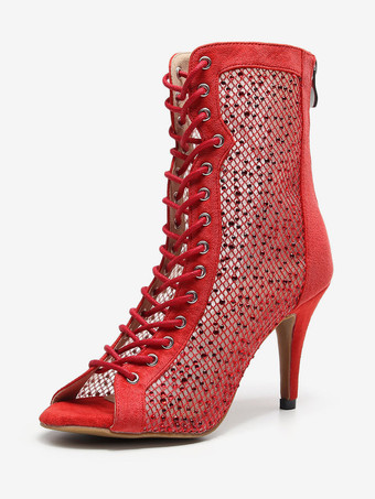 レッド 女性のブーツスティレットヒールメッシュマイクロスエードのぞき見つま先黒セクシーな夏のブーツ