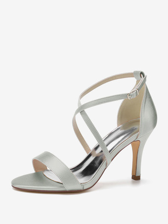 シルバー 女性のかかとアイボリースチレットヒール先のとがったつま先手作りサテンサンダルロートップヒール