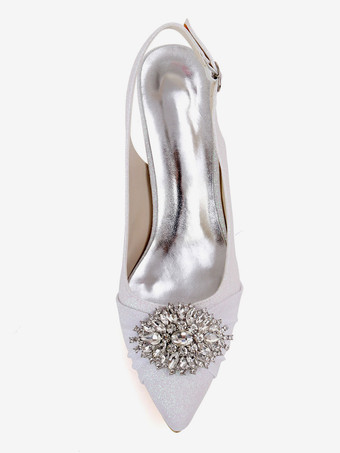 ウェディングシューズホワイトスパンコールクロスバックルポインテッドトゥキトンヒールバックスリップブライダルシューズ