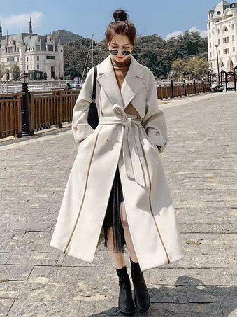 女性用ラップオーバーコート エクリュホワイトラペルベルト付きクラシック冬アウター