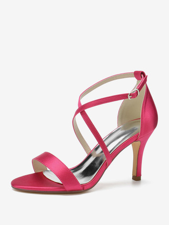 ローズレッド女性のかかとアイボリースチレットヒール先のとがったつま先手作りサテンサンダルロートップヒール