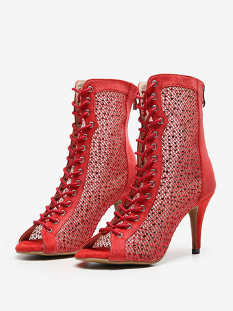 女性のブーツスティレットヒールメッシュマイクロスエードのぞき見つま先黒セクシーな夏のブーツ