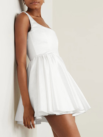 ホワイトホワイトショートウェディングスクエアキュービックカフレスノースリーブAラインショート花嫁ドレス無料カスタマイズ