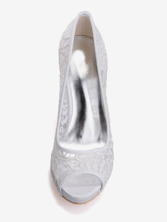 結婚式の靴レースホワイトのぞき見つま先スティレットヒールブライダルシューズ