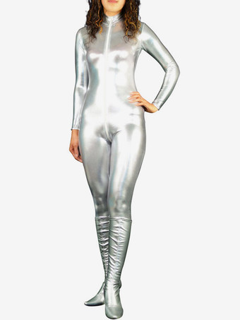 メタリックタイツ　シルバー　キャットスーツ　女性用　シャイニーメタリック　大人用　 ハロウィン　忘年会　イベント　結婚式の余興　二次会　宴会　パーティー　誕生日