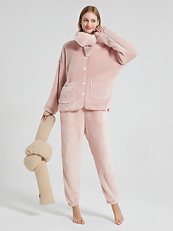 ピンクソリッドカラーフランネルラウンジセットスカーフホームウェア付きフロントボタンポケット