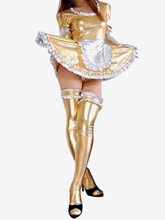 全身タイツ，メタリック　女性用　大人用　ゴールド　メイド風　コスチュームドレス　 ハロウィン