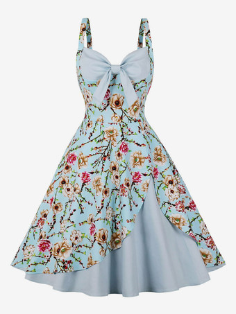 ヴィンテージドレス　1950年代オードリー・ヘップバーン風　バックレス　ノースリーブ　膝丈　花柄　二次会　お呼ばれ　発表会　スイングドレス