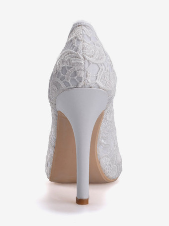 結婚式の靴レースホワイトのぞき見つま先スティレットヒールブライダルシューズ