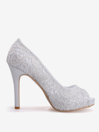 結婚式の靴レースホワイトのぞき見つま先スティレットヒールブライダルシューズ