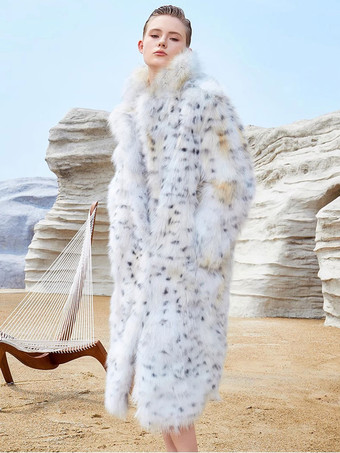 ヒョウ柄フェイクファーコート ホワイト オーバーサイズ エコフレンドリー ロングジャケット レディース 2025