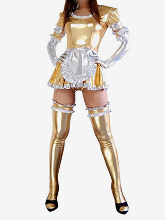 全身タイツ，メタリック　女性用　大人用　ゴールド　メイド風　コスチュームドレス　 ハロウィン