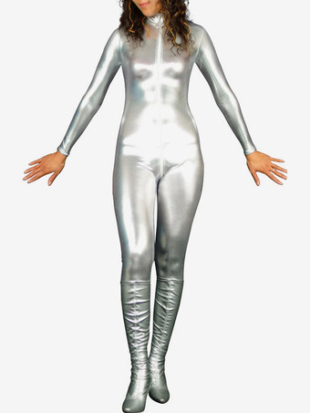 メタリックタイツ　シルバー　キャットスーツ　女性用　シャイニーメタリック　大人用　 ハロウィン　忘年会　イベント　結婚式の余興　二次会　宴会　パーティー　誕生日