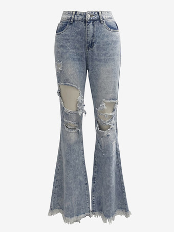 女性のためのブーツカット ジーンズ リップド コットン ロー エッジ ボトムス