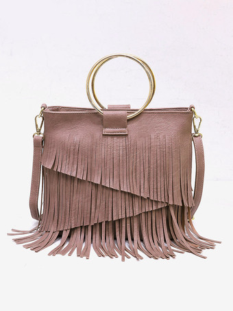 ピンクレディース バッグ ブラック PU レザー フリンジ ジッパー クロスボディ ストラップ バッグ