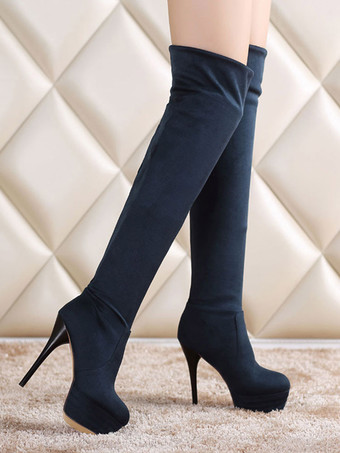 Platform Over The Knee Boots Womens Elastic Fabric Round Toe Stiletto Heel Thigh High Boots