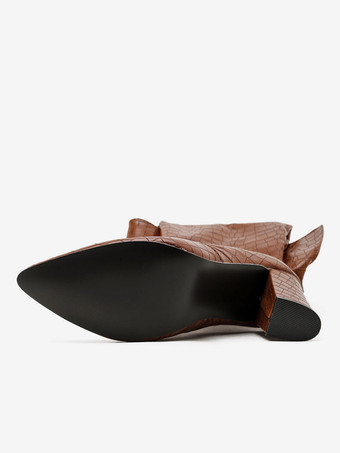 女性用クロコ プリント オーバー ニー ブーツ チャンキー ヒール ブラウン