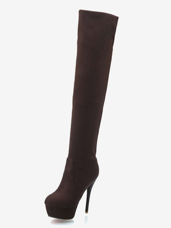Deep BrownPlatform Over The Knee Boots Womens Elastic Fabric Round Toe Stiletto Heel Thigh High Boots