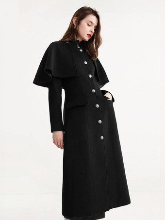 noir Manteau en laine mi-long avec cape amovible et col montant pour femme vêtement d'hiver 2025
