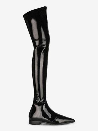 ニーハイブーツブラックポインテッドトゥブライトレザーフロントジップアップウィンターブーツ女性サイハイブーツ