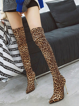 ニーハイブーツ レディース靴 ブラウン ロングブーツ 10cm マイクロスエード ポインテッドトゥ スティレットヒール ヒョウ柄 カジュアル シック＆モダン