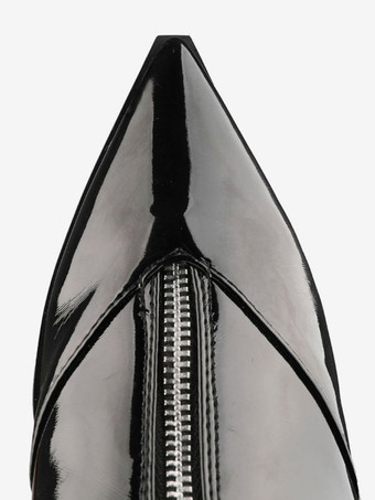 ニーハイブーツブラックポインテッドトゥブライトレザーフロントジップアップウィンターブーツ女性サイハイブーツ