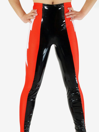全身タイツ　PVC　ズボン　ブラック＆レッド　ユニセックス　大人用　カラーブロック　レスリング ハロウィン