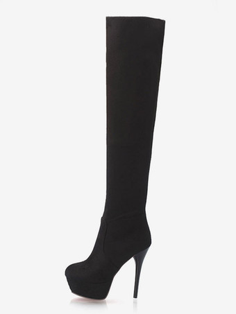 Platform Over The Knee Boots Womens Elastic Fabric Round Toe Stiletto Heel Thigh High Boots