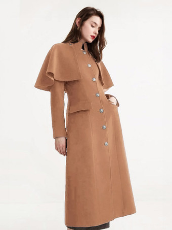 Camel Manteau en laine mi-long avec cape amovible et col montant pour femme vêtement d'hiver 2025