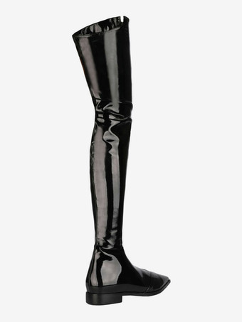 ニーハイブーツブラックポインテッドトゥブライトレザーフロントジップアップウィンターブーツ女性サイハイブーツ