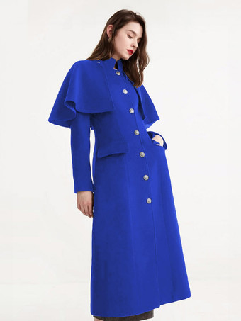 Bleu royalManteau en laine mi-long avec cape amovible et col montant pour femme vêtement d'hiver 2025