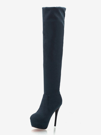 Deep Blue Platform Over The Knee Boots Womens Elastic Fabric Round Toe Stiletto Heel Thigh High Boots