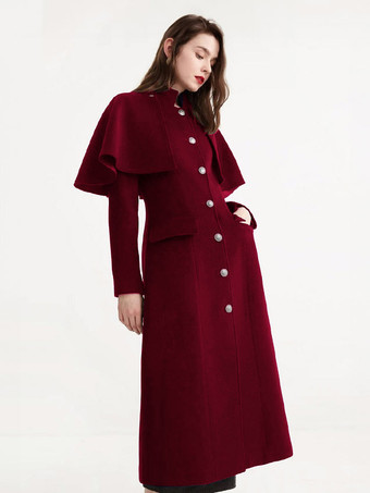 Bordeaux Manteau en laine mi-long avec cape amovible et col montant pour femme vêtement d'hiver 2025