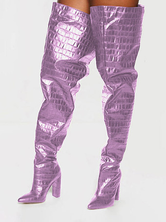 パープル レディース ワイド ストーングレイン チャンキーヒール オーバーサイズ サイハイブーツ