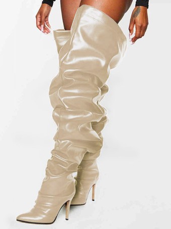 アプリコットサイハイヒールブーツ プリーツ ブーツ ブライト レザー レディース ブラック