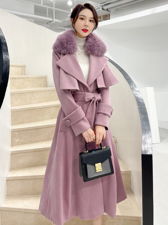 パープル フルレングスのフレアウールコート ホワイトフェイクファーカラー クラシックラペル ベルト付き スリムAライン 冬用マキシコート 2025