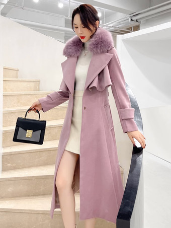 フルレングスのフレアウールコート ホワイトフェイクファーカラー クラシックラペル ベルト付き スリムAライン 冬用マキシコート 2025