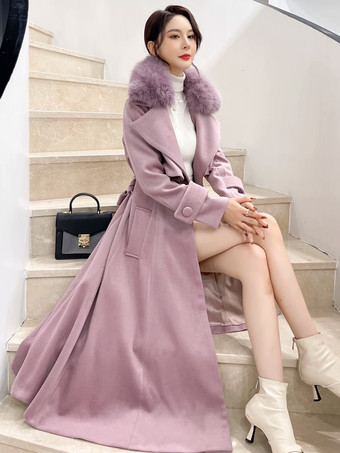 フルレングスのフレアウールコート ホワイトフェイクファーカラー クラシックラペル ベルト付き スリムAライン 冬用マキシコート 2025