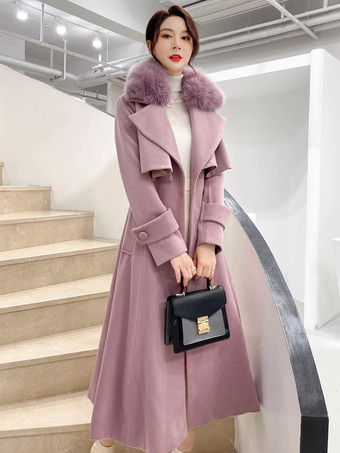 フルレングスのフレアウールコート ホワイトフェイクファーカラー クラシックラペル ベルト付き スリムAライン 冬用マキシコート 2025