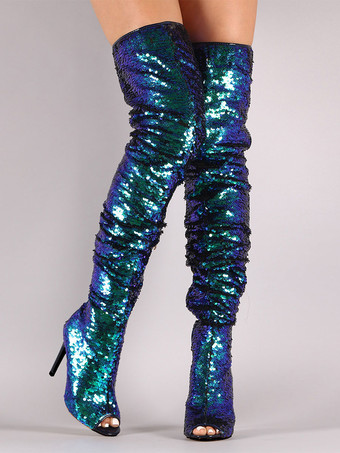 スパンコールオーバーザニーブーツ女性ピープトウスティレットヒールサイハイブーツ