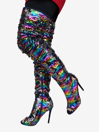 スパンコールオーバーザニーブーツ女性ピープトウスティレットヒールサイハイブーツ