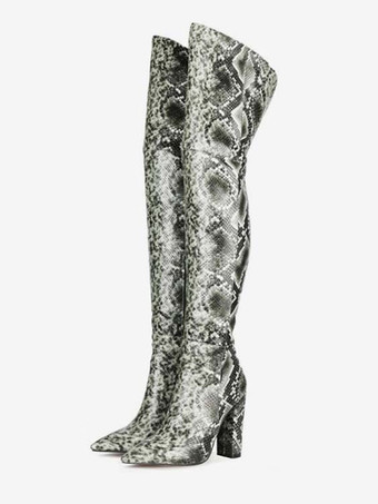 セージグリーンニーハイブーツ レザー ピンク ポインテッドトゥ スネークプリント チャンキーヒール サイハイブーツ