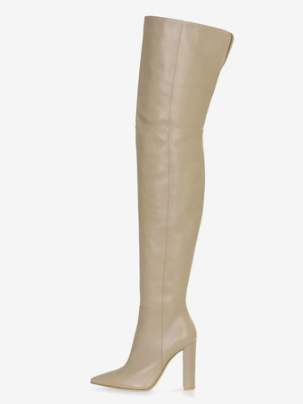 サイハイブーツ レディース 無地 ポインテッドトゥ チャンキーヒール オーバーニーブーツ